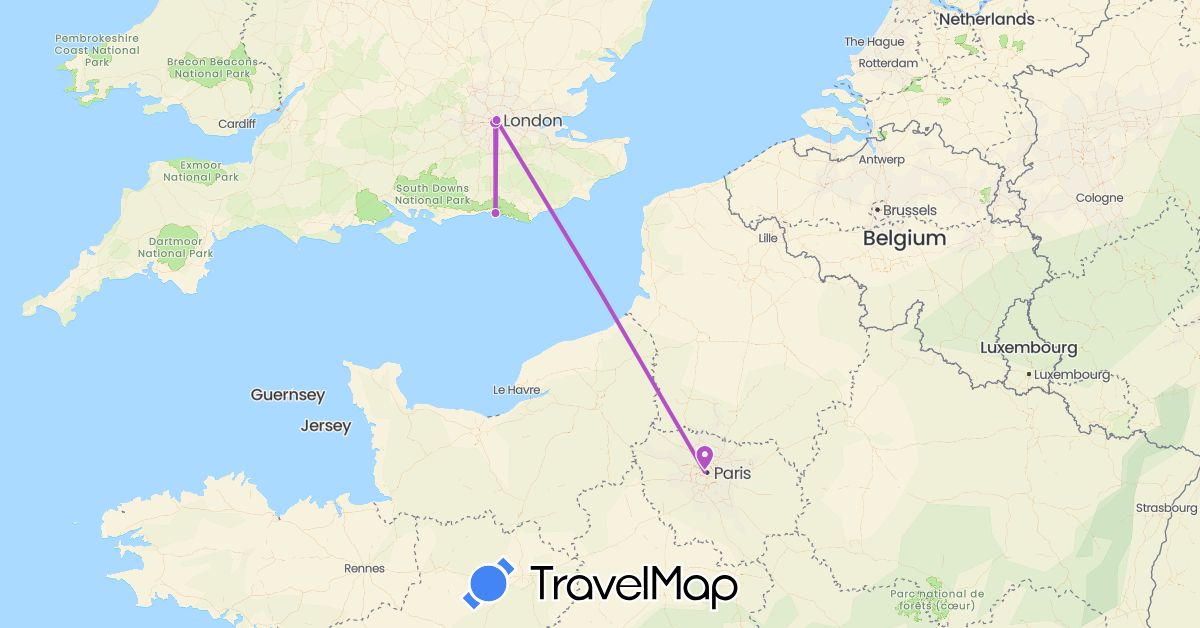 TravelMap itinerary: train in France, United Kingdom (Europe)